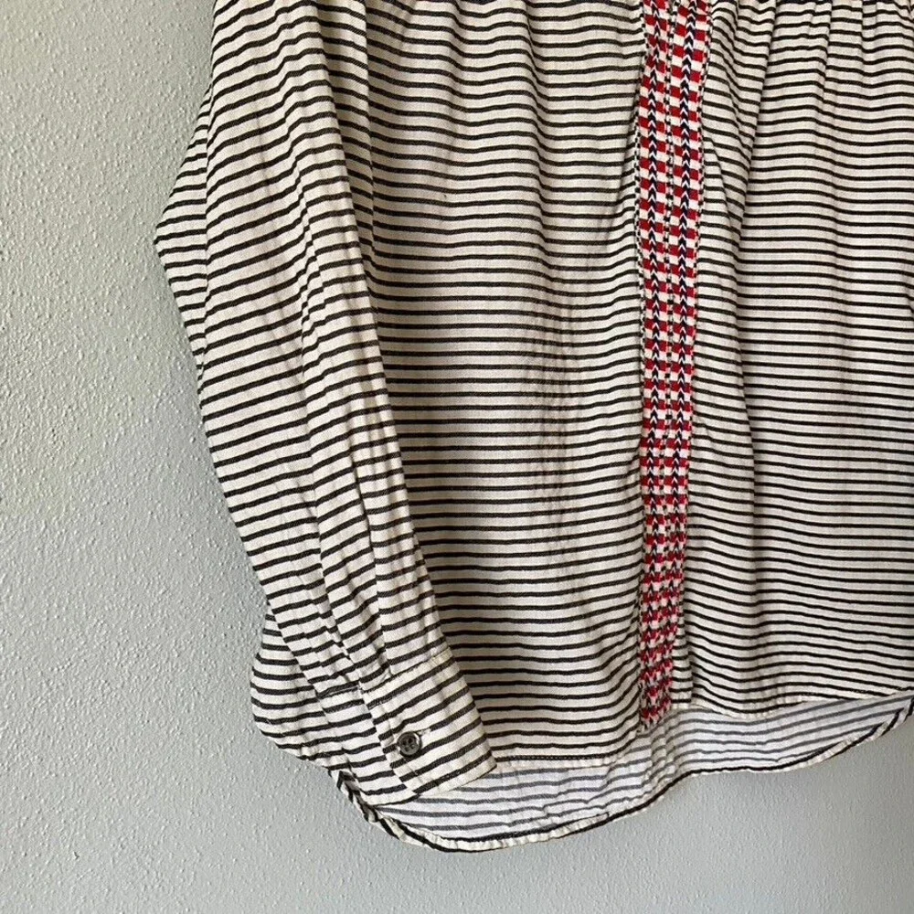 J.Crew Women's Embroidered Boho Black Ivory Striped Loose Fit Blouse - Size 0
